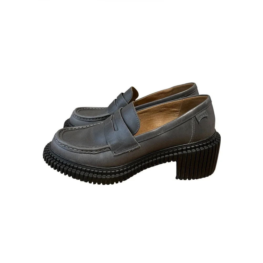 Camper Pix London Gray Leather Chunky Heel Loafers EU 40 US 9 $210